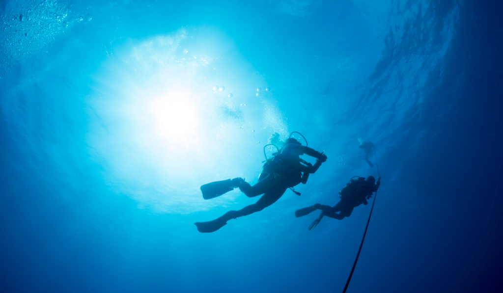 Two Silhouetted Diver Ascend an Anchor Line at the End of a Scuba Dive ee220326