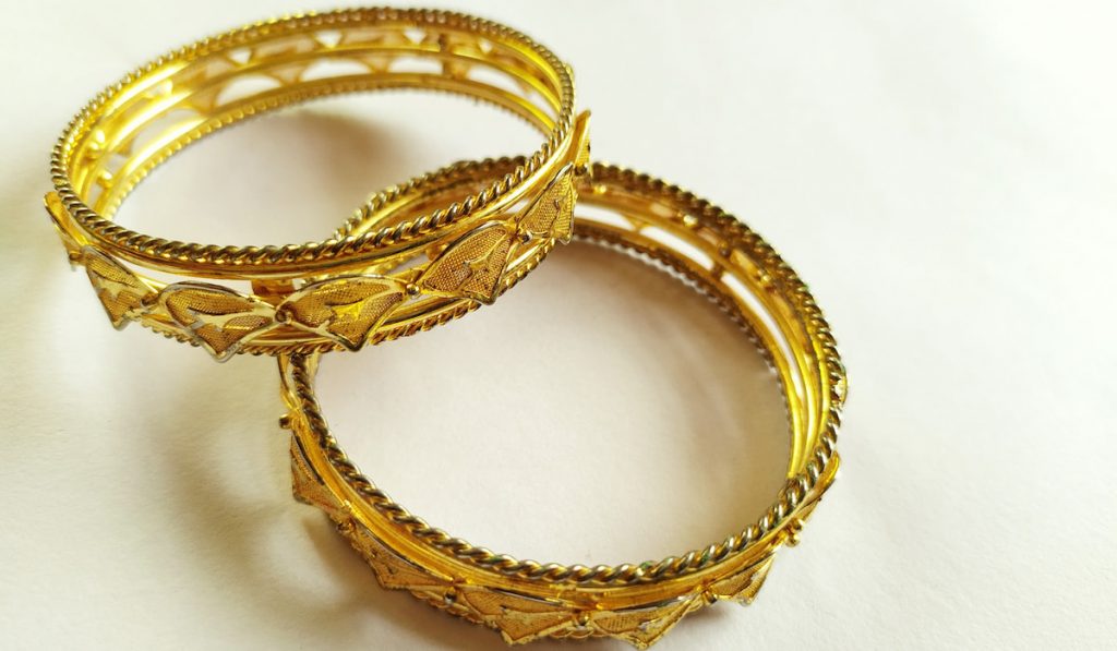 Closeup of indian bangles Jali Jewellery white background 