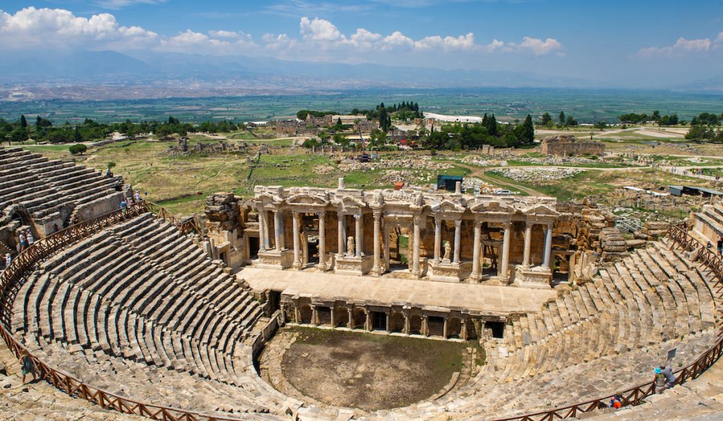 Roman amphitheater in the ruins of Hierapolis, in Pamukkale, Archaeology excavation Site