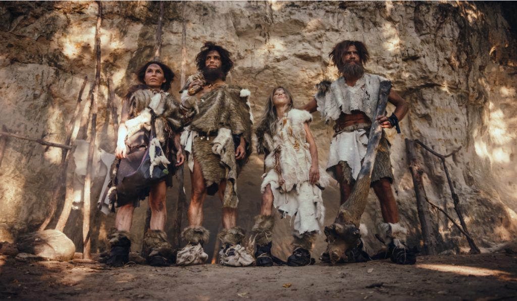 four hunter neanderthals clothing animal skin 