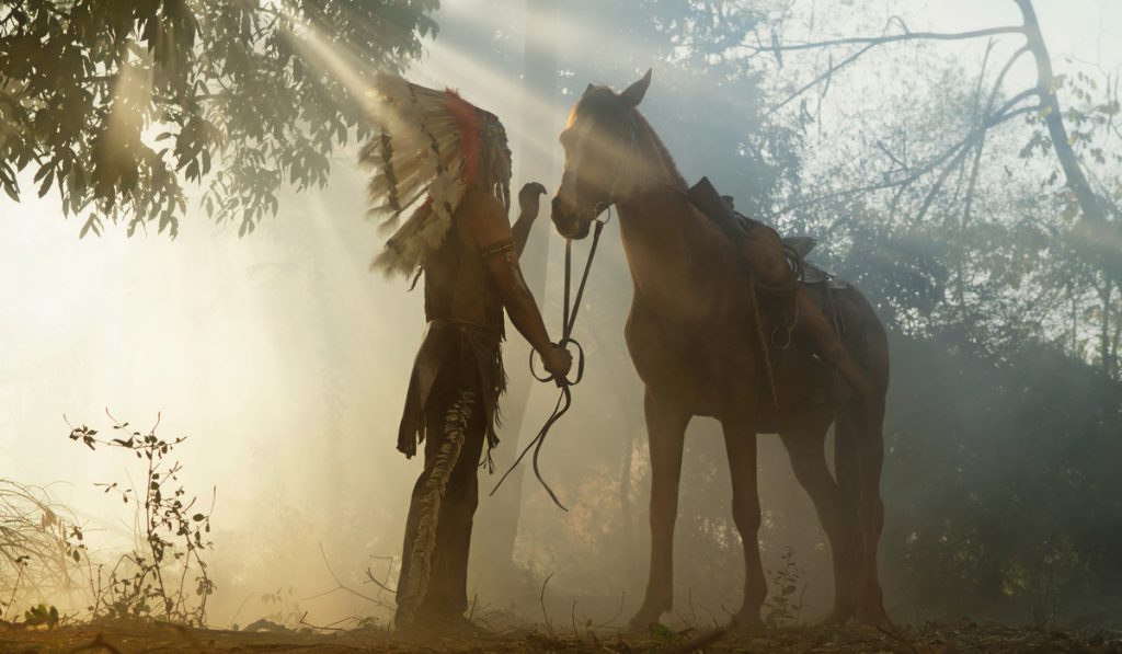 pueblo indian with his horse and spear ready to use