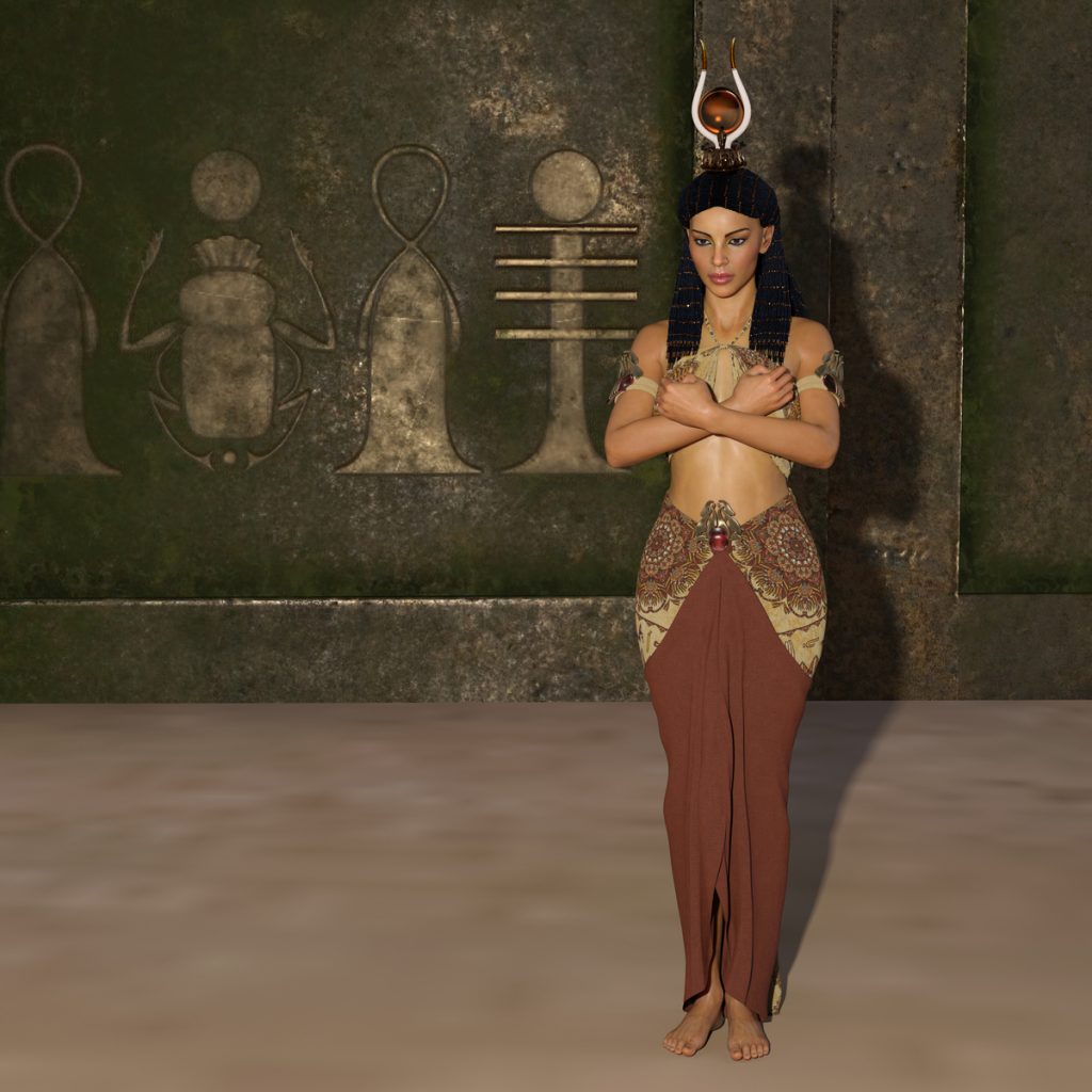 woman wearing ancient agyptian clothing and poses by egyptian