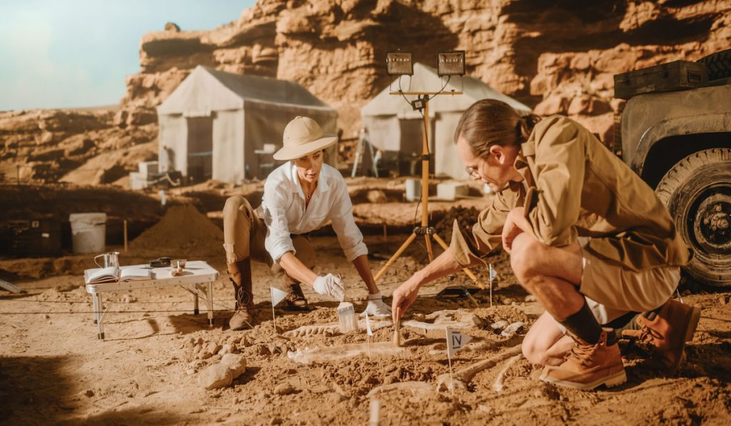 archaeological digging site with paleontologist and Archeologist